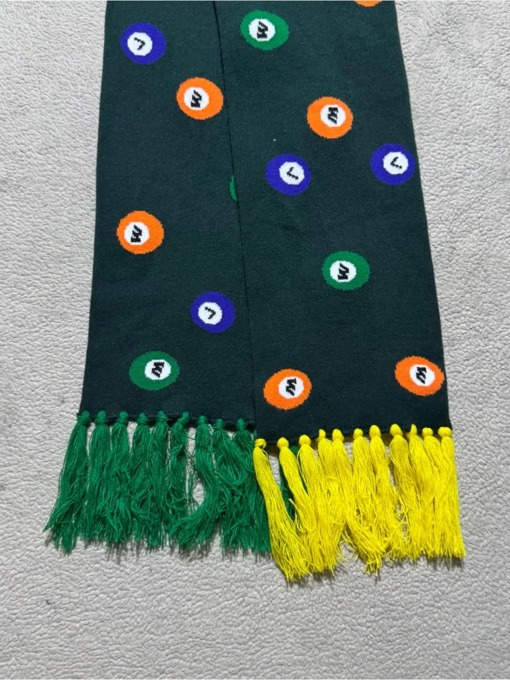 Wish Me Luck Scarf Adult OS All Over Pool Ball Pattern Knit Tassel Fringe Trim